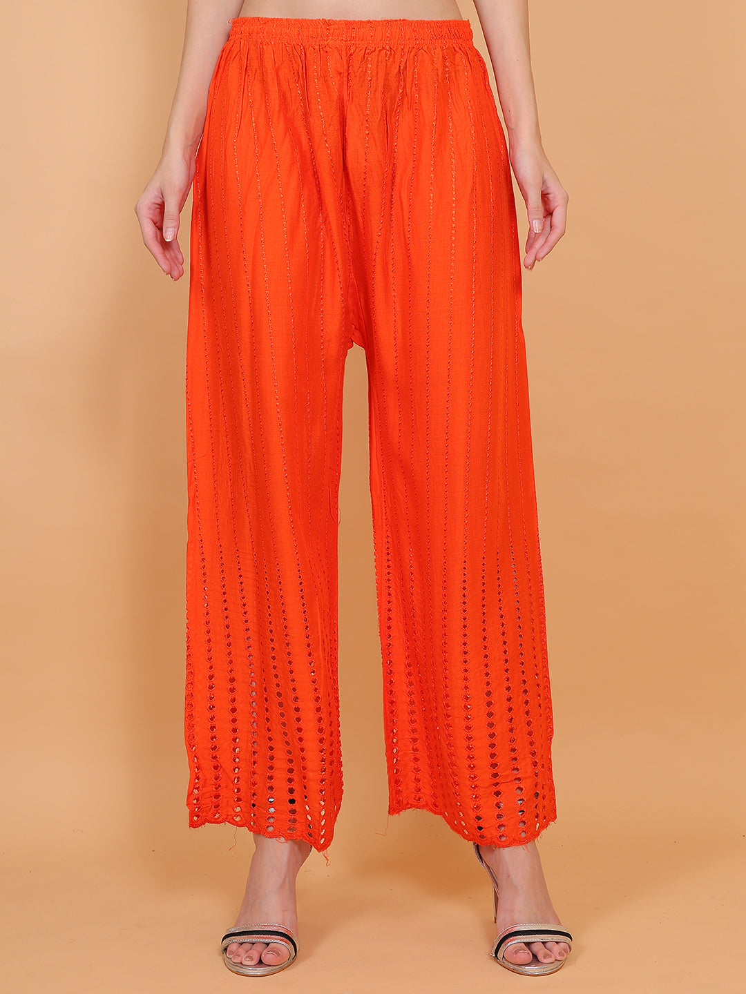Singhania Women's Orange Chicken Rayon Palazzo Flaired Pants wrinkle free