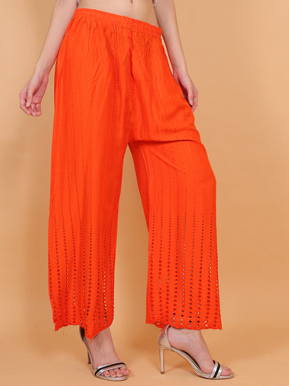 Singhania Women's Orange Chicken Rayon Palazzo Flaired Pants wrinkle free