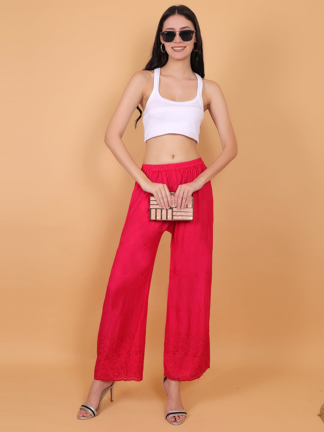 Woman's Rani Pink Reyon Chiken Embroidery Plazzo