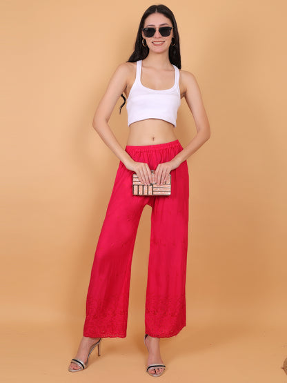 Singhania Woman's Rani Pink Reyon Chiken Embroidery Plazzo