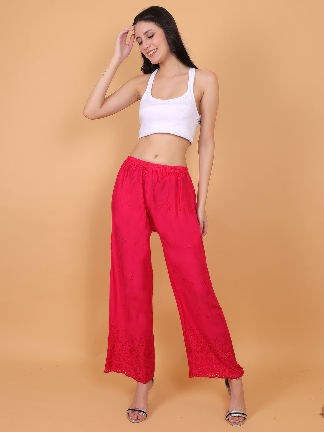 Singhania Woman's Rani Pink Reyon Chiken Embroidery Plazzo