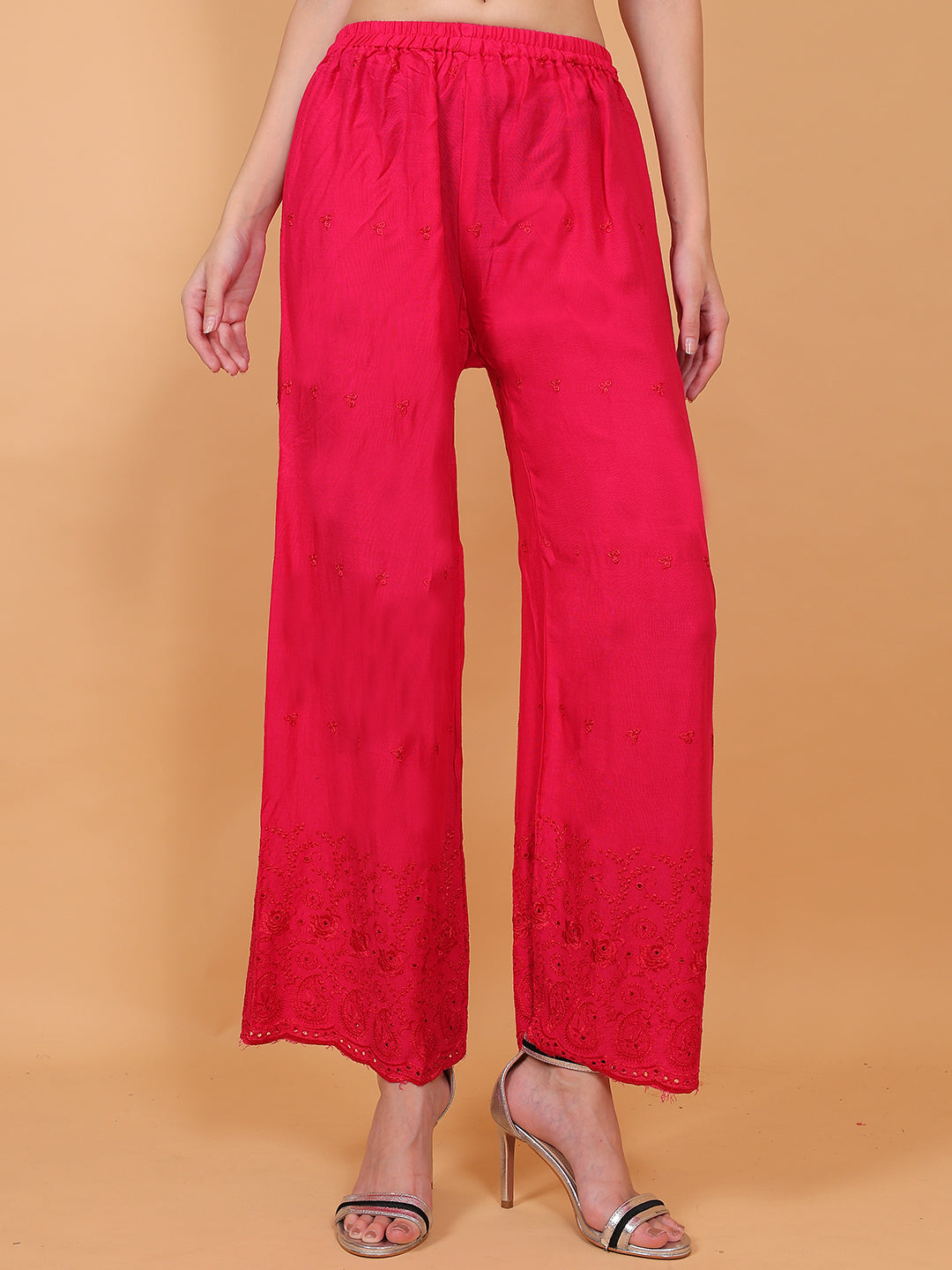 Singhania Woman's Rani Pink Reyon Chiken Embroidery Plazzo