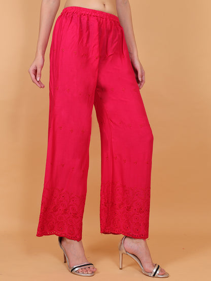 Singhania Woman's Rani Pink Reyon Chiken Embroidery Plazzo