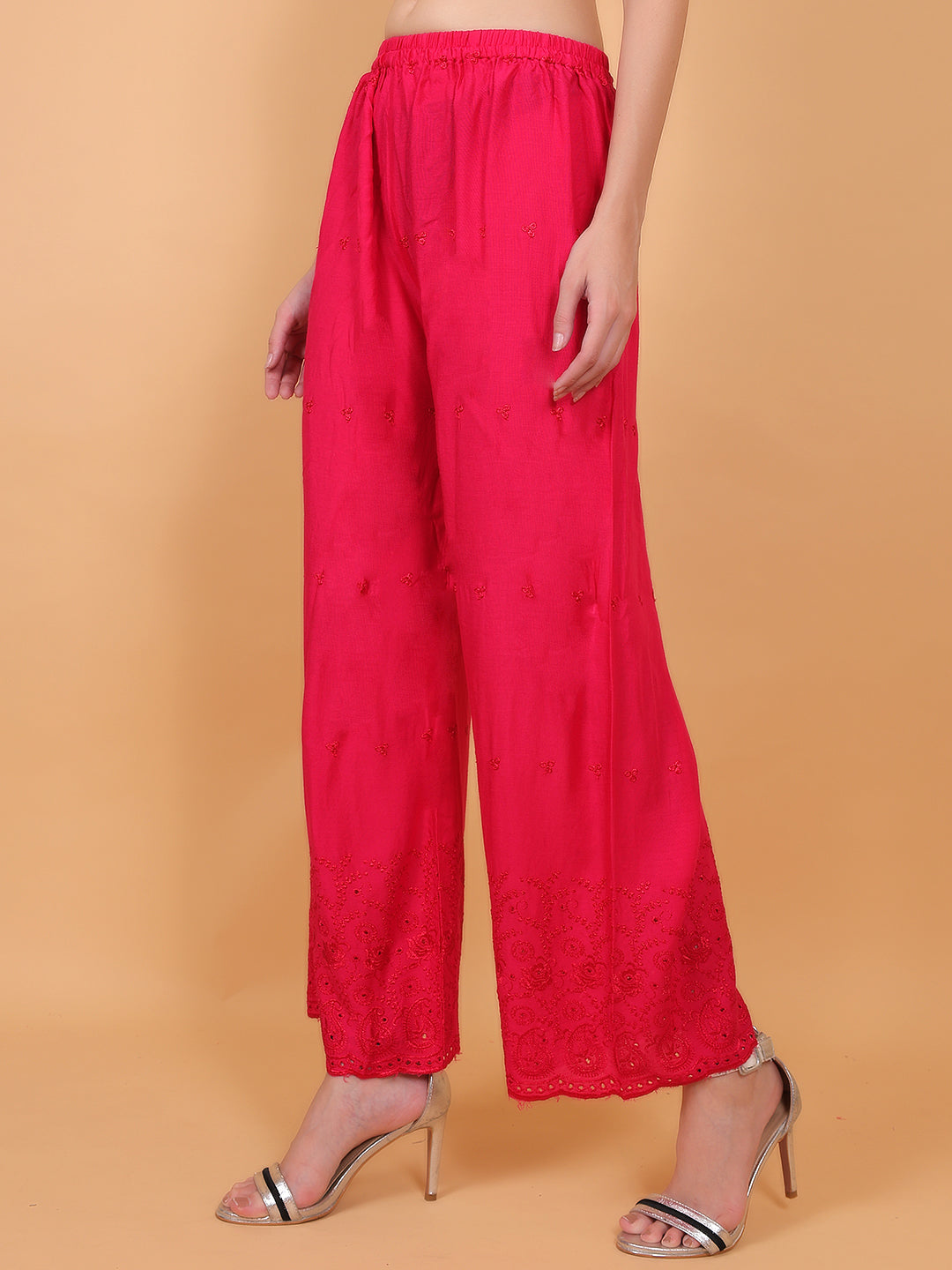 Singhania Woman's Rani Pink Reyon Chiken Embroidery Plazzo