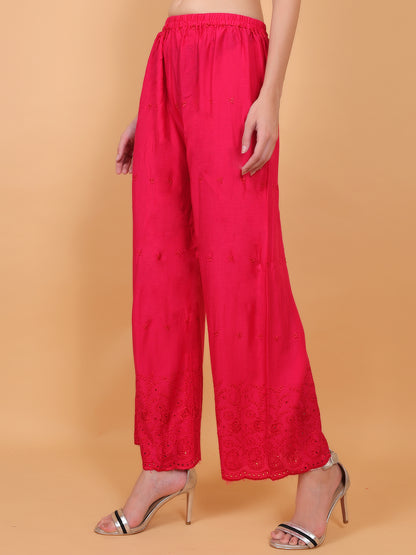 Singhania Woman's Rani Pink Reyon Chiken Embroidery Plazzo