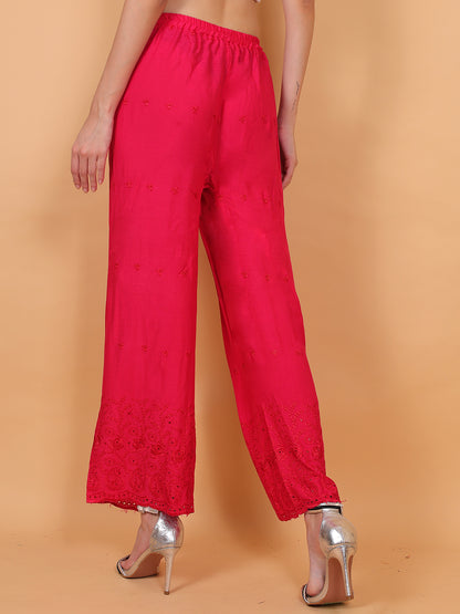 Singhania Woman's Rani Pink Reyon Chiken Embroidery Plazzo