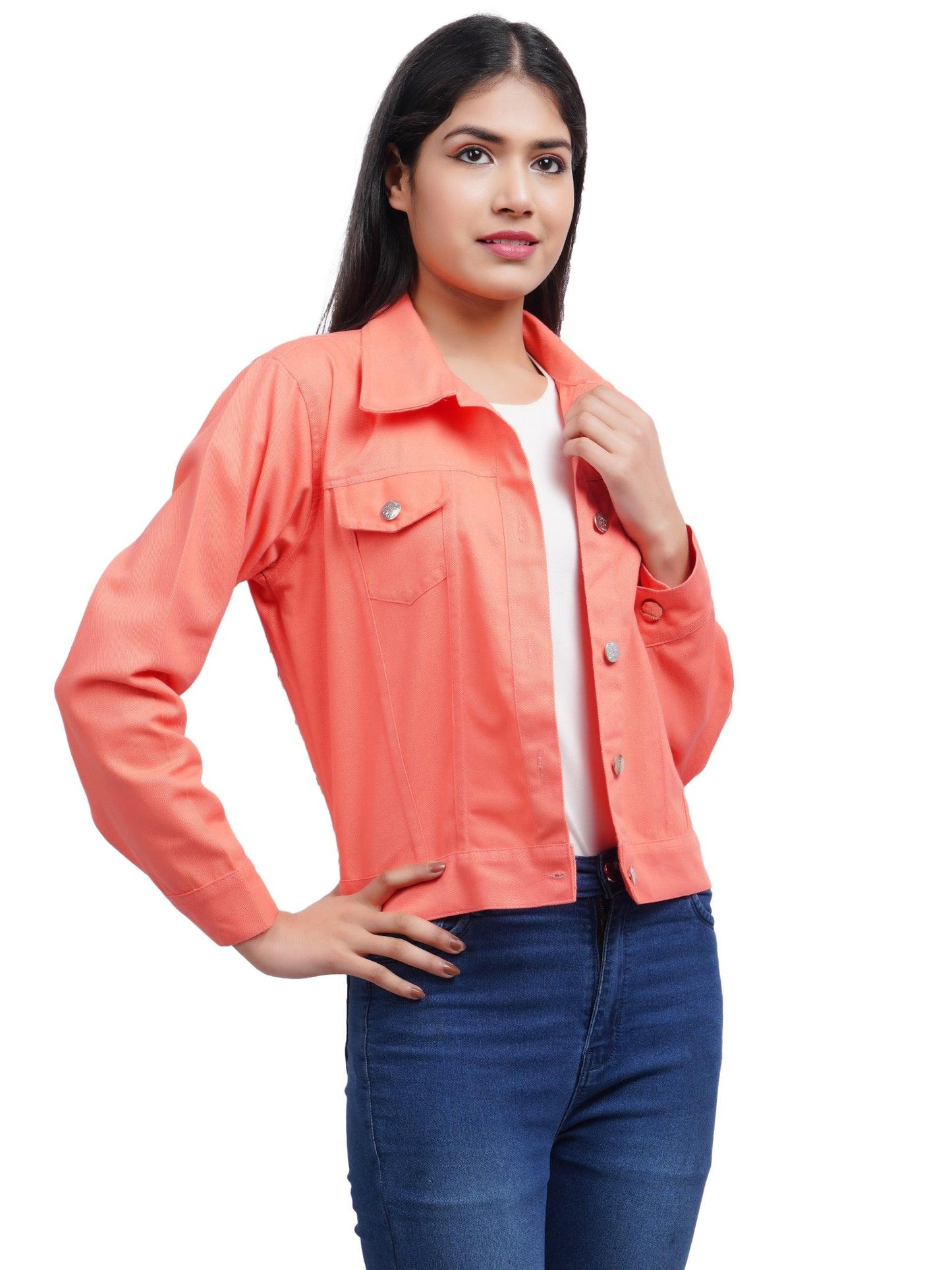 Trendzmy Full Sleeve Peach And Yellow Solid Women Jacket