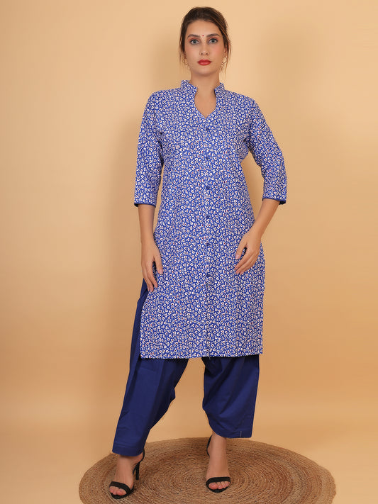 Trendzmy Women Blue Floral Printed Cotton Kurta with Solid Salwar
