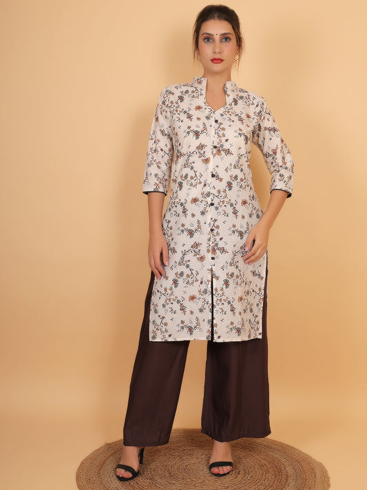 Stylish Brown Printed Kurta with Matching Palazzo Set & Side Pockets for Women