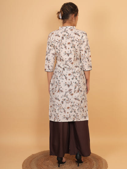 Stylish Brown Printed Kurta with Matching Palazzo Set & Side Pockets for Women
