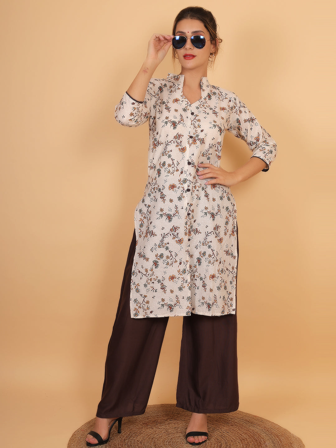 Stylish Brown Printed Kurta with Matching Palazzo Set & Side Pockets for Women