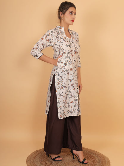 Stylish Brown Printed Kurta with Matching Palazzo Set & Side Pockets for Women