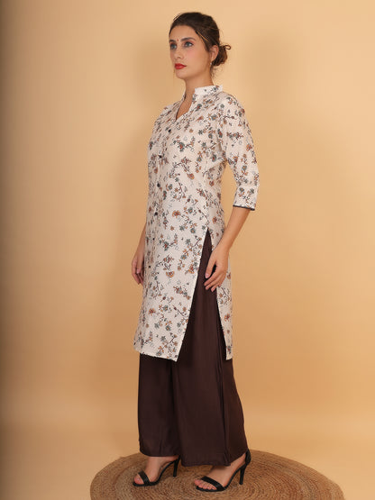 Stylish Brown Printed Kurta with Matching Palazzo Set & Side Pockets for Women