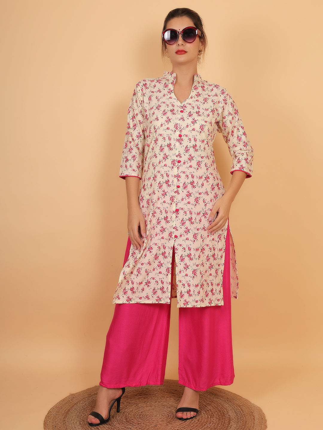 Bright Cream Floral Printed Kurta with Pink Palazzo Set for Women – Stylish Ethnic Outfit with Pockets