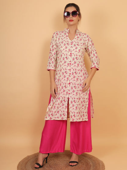 Bright Cream Floral Printed Kurta with Pink Palazzo Set for Women – Stylish Ethnic Outfit with Pockets