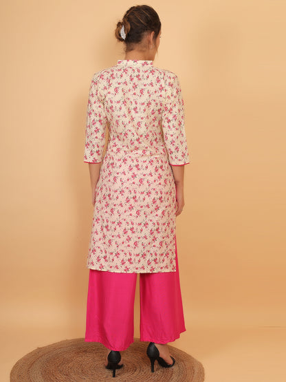 Bright Cream Floral Printed Kurta with Pink Palazzo Set for Women – Stylish Ethnic Outfit with Pockets
