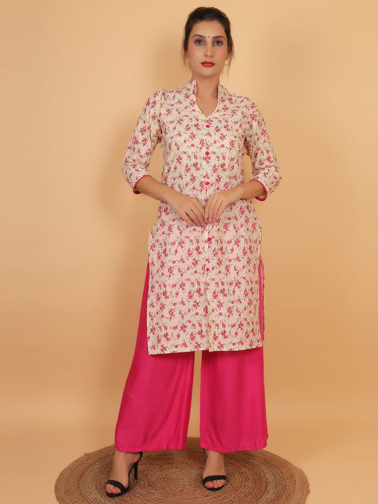 Bright Cream Floral Printed Kurta with Pink Palazzo Set for Women – Stylish Ethnic Outfit with Pockets