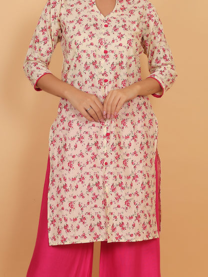 Bright Cream Floral Printed Kurta with Pink Palazzo Set for Women – Stylish Ethnic Outfit with Pockets