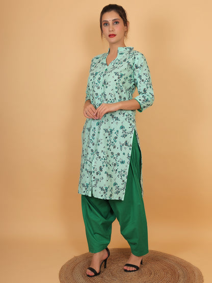 Trendzmy Women Green Floral Printed Cotton Kurta with Solid Green Salwar