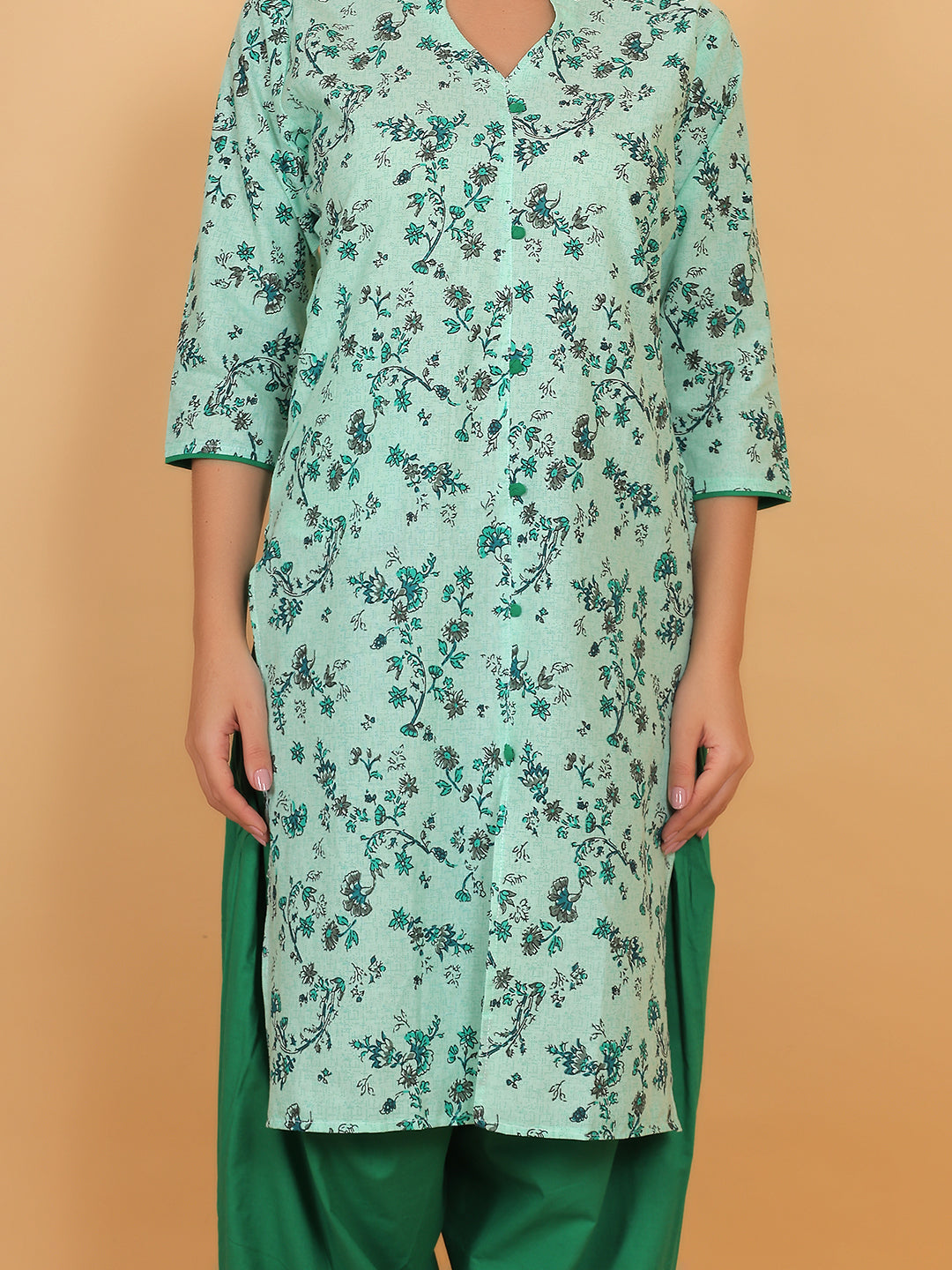 Women Green Floral Printed Cotton Kurta with Solid Green Salwar