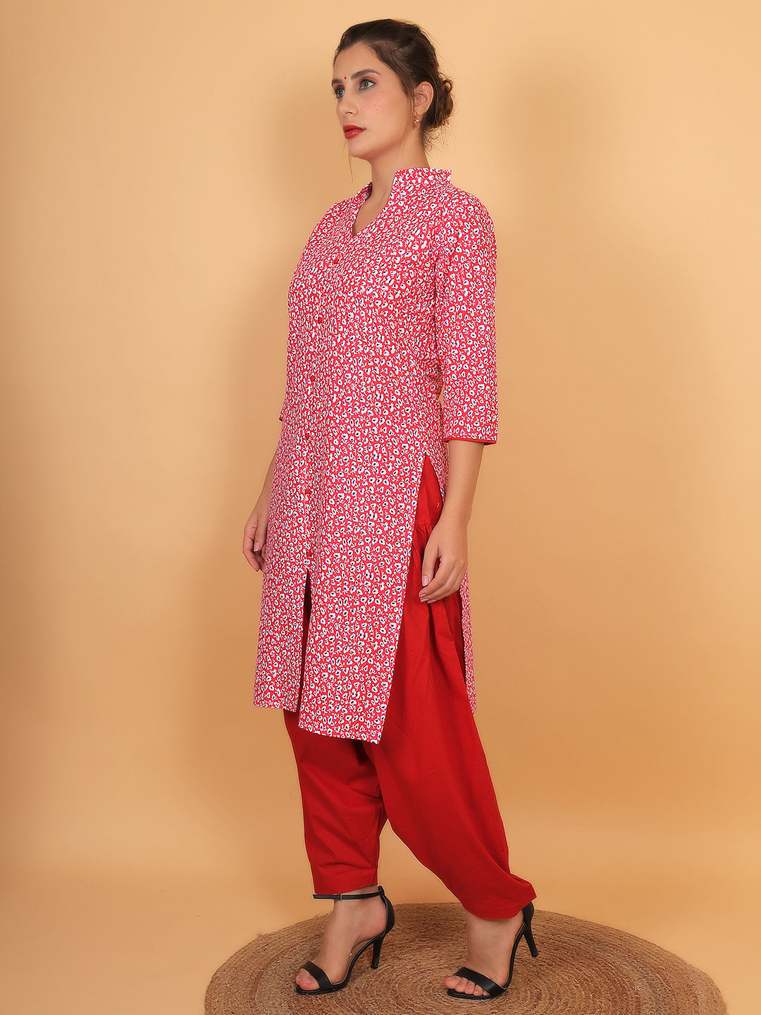 Women Red Floral Printed Cotton Kurta with Solid Red Salwar