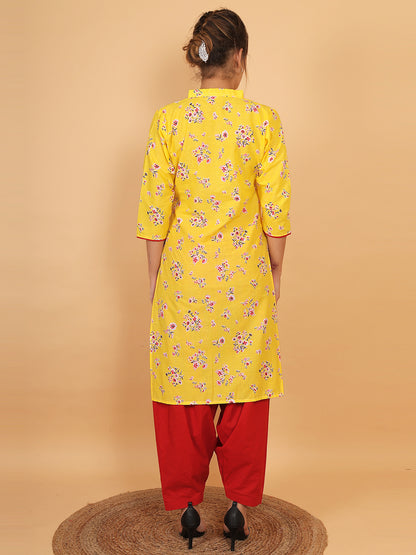 Trendzmy Women Yellow Floral Printed Cotton Kurta with Red Salwar 🌼✨