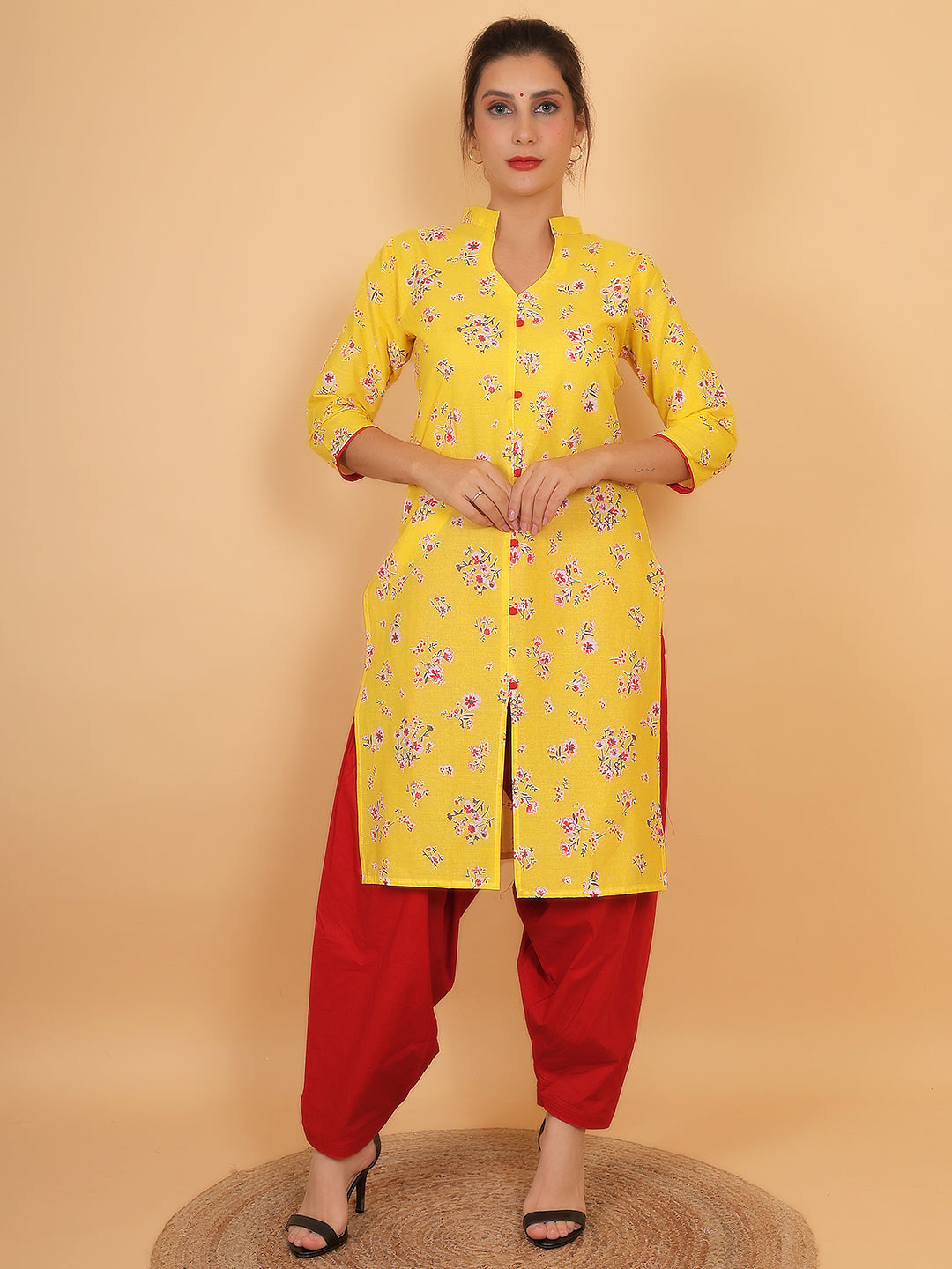 Women Yellow Floral Printed Cotton Kurta with Red Salwar 🌼✨