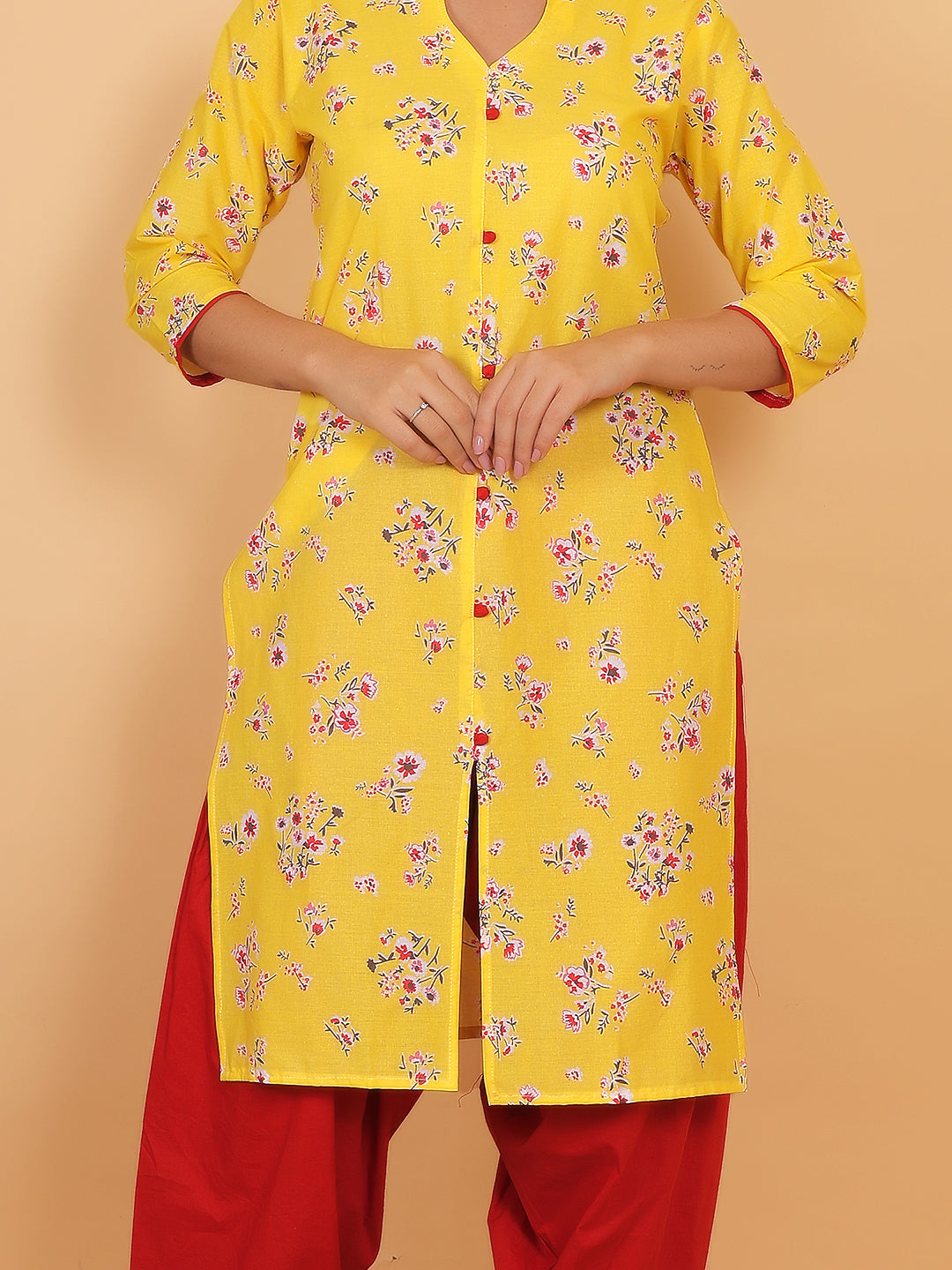 Women Yellow Floral Printed Cotton Kurta with Red Salwar 🌼✨