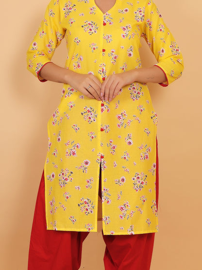 Trendzmy Women Yellow Floral Printed Cotton Kurta with Red Salwar 🌼✨