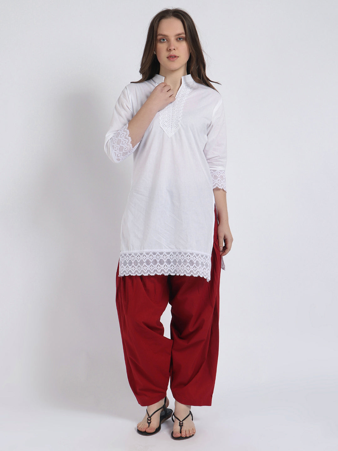 Women Solid White Kurta and Maroon Salwar Set Pure Cotton XXXL