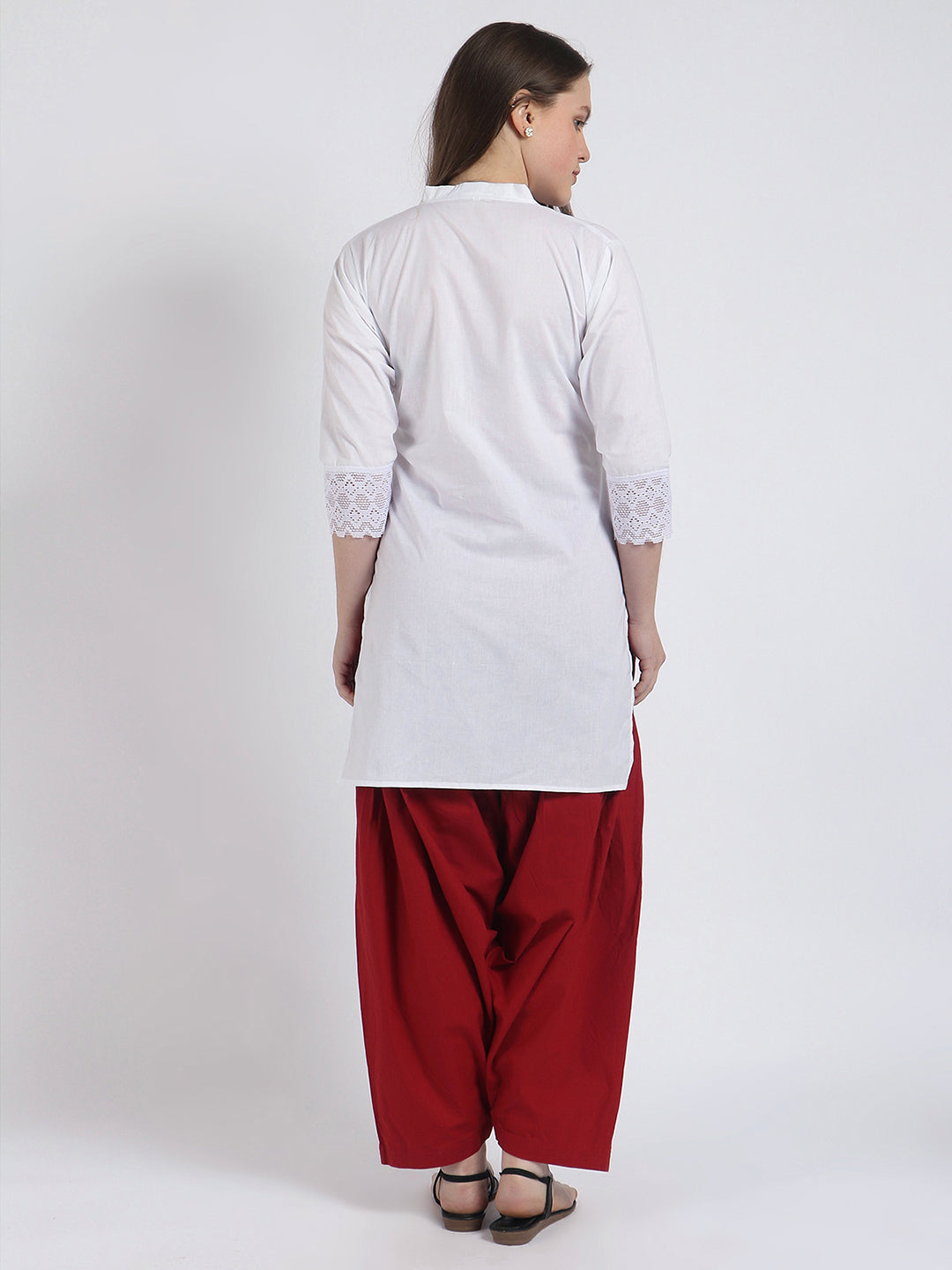Women Solid White Kurta and Maroon Salwar Set Pure Cotton