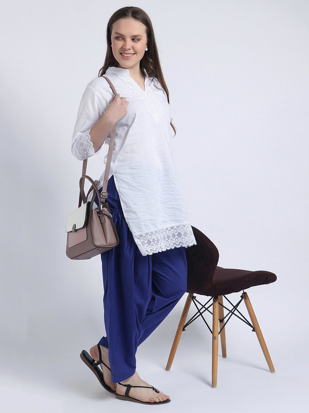 Women Solid White Kurta and Blue Salwar Set Pure Cotton XXXL