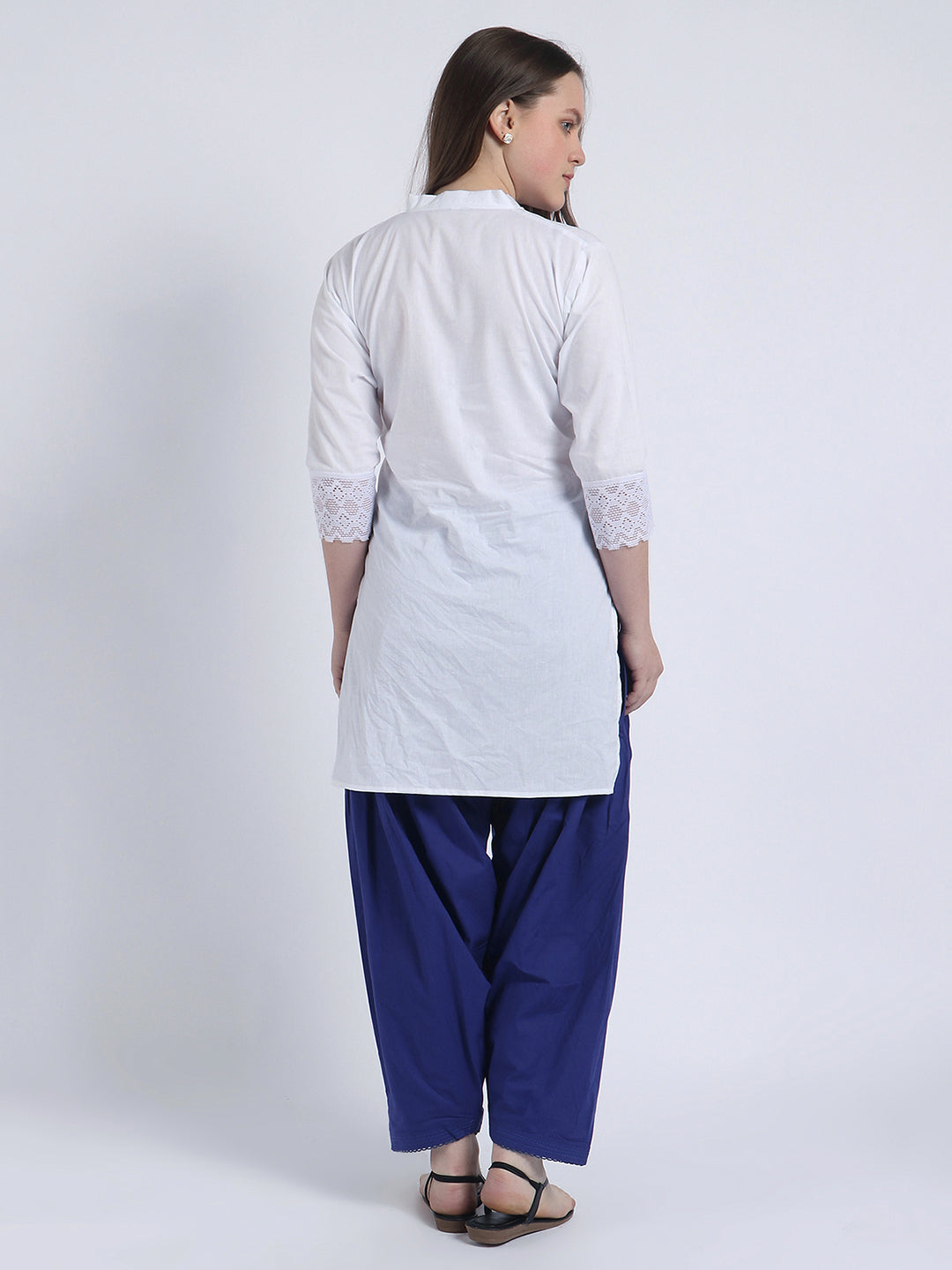 Women Solid White Kurta and Blue Salwar Set Pure Cotton
