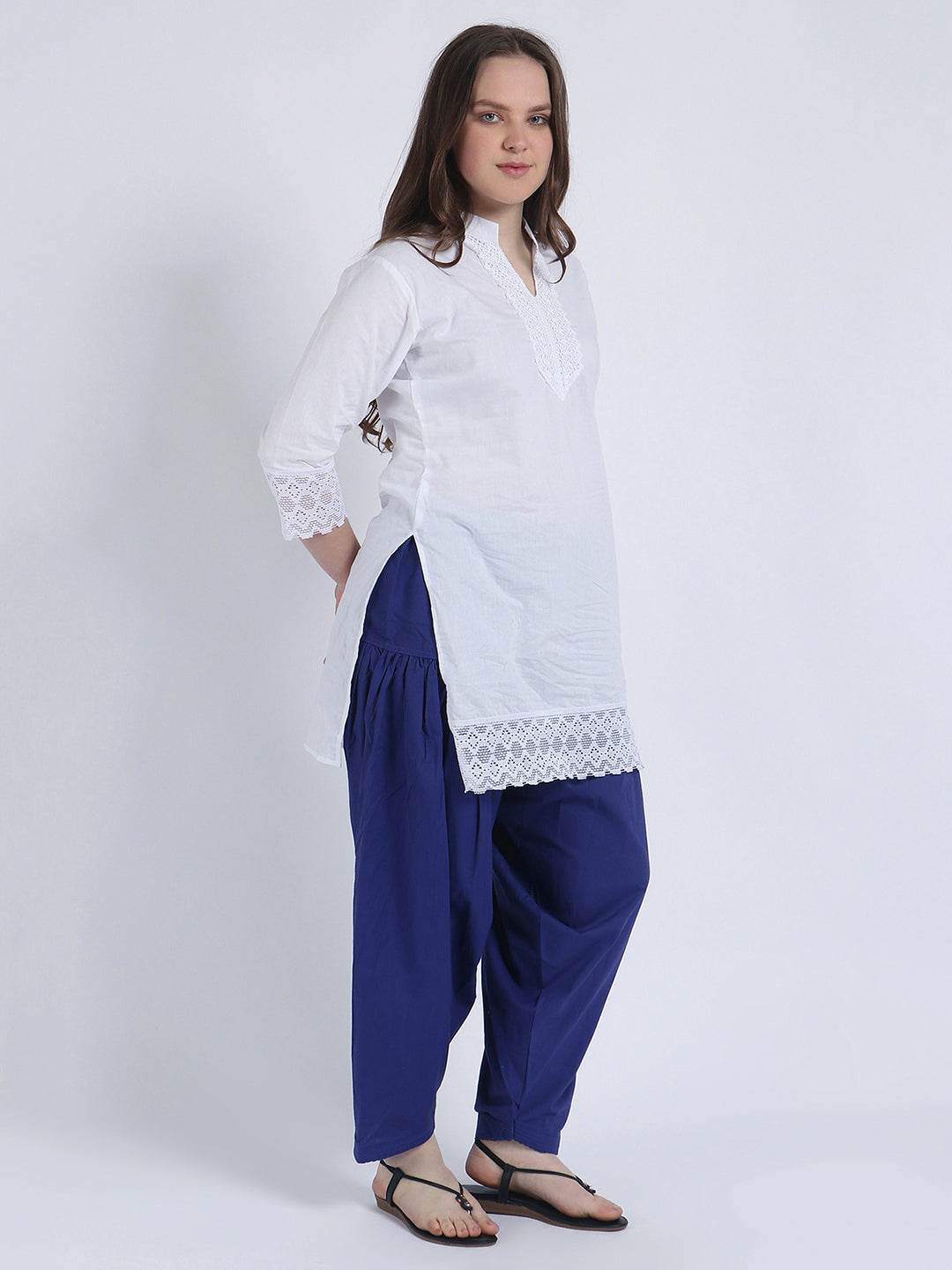 Women Solid White Kurta and Blue Salwar Set Pure Cotton