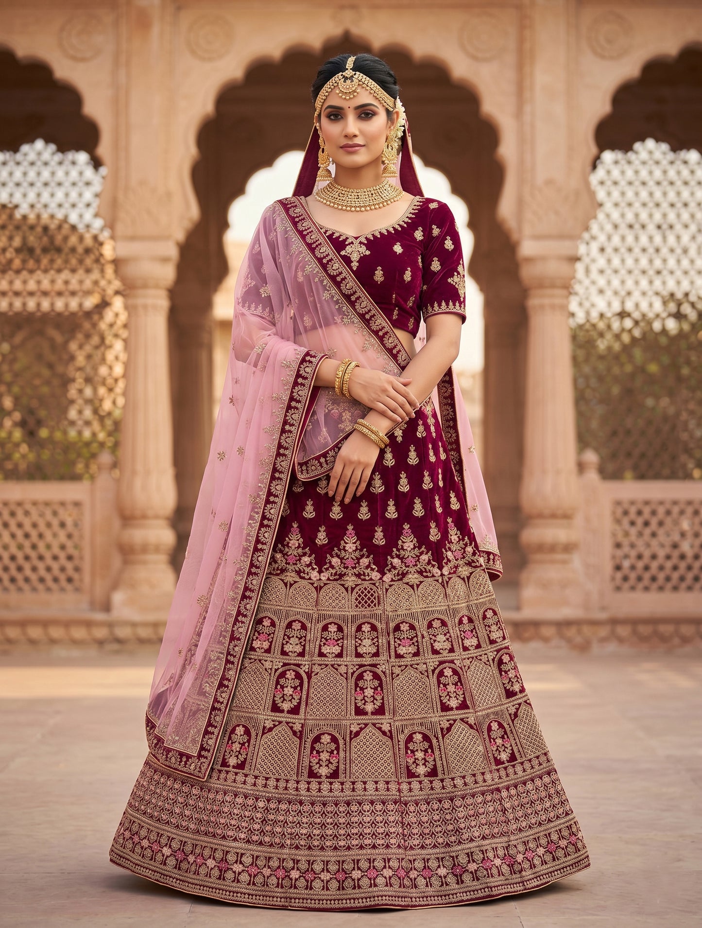 Designer Wine Bridal Lehenga Choli with Dupatta | Unstitched Wedding Lehenga for Women