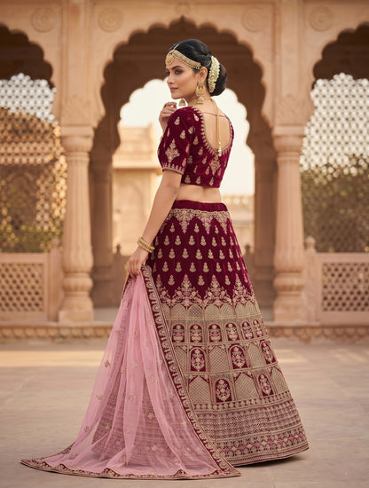 Designer Wine Bridal Lehenga Choli with Dupatta | Unstitched Wedding Lehenga for Women
