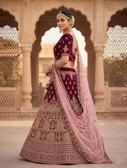 Designer Wine Bridal Lehenga Choli with Dupatta | Unstitched Wedding Lehenga for Women