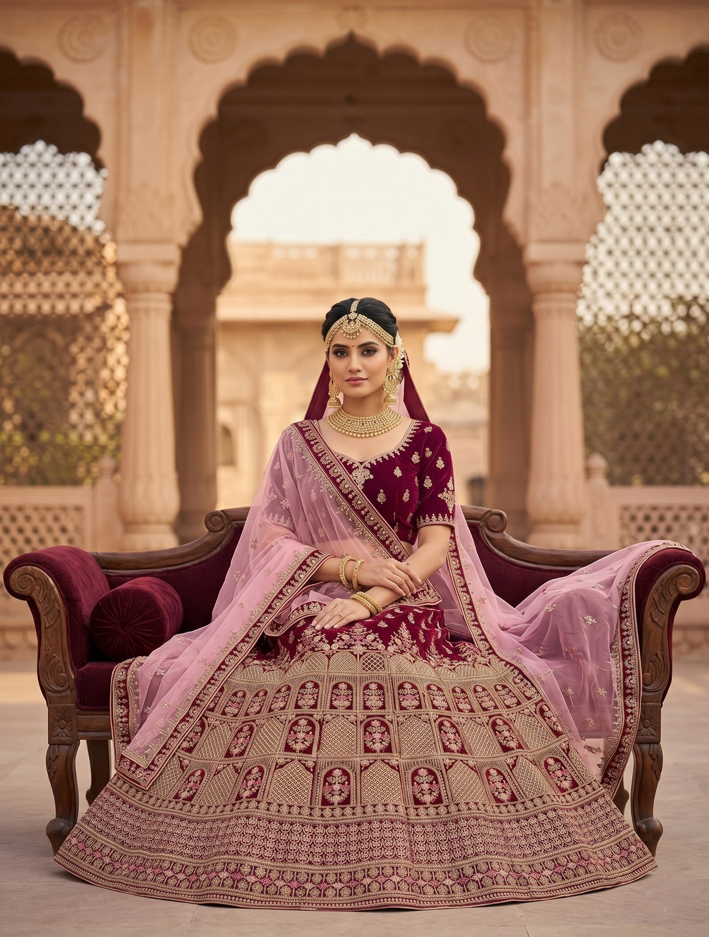 Designer Wine Bridal Lehenga Choli with Dupatta | Unstitched Wedding Lehenga for Women