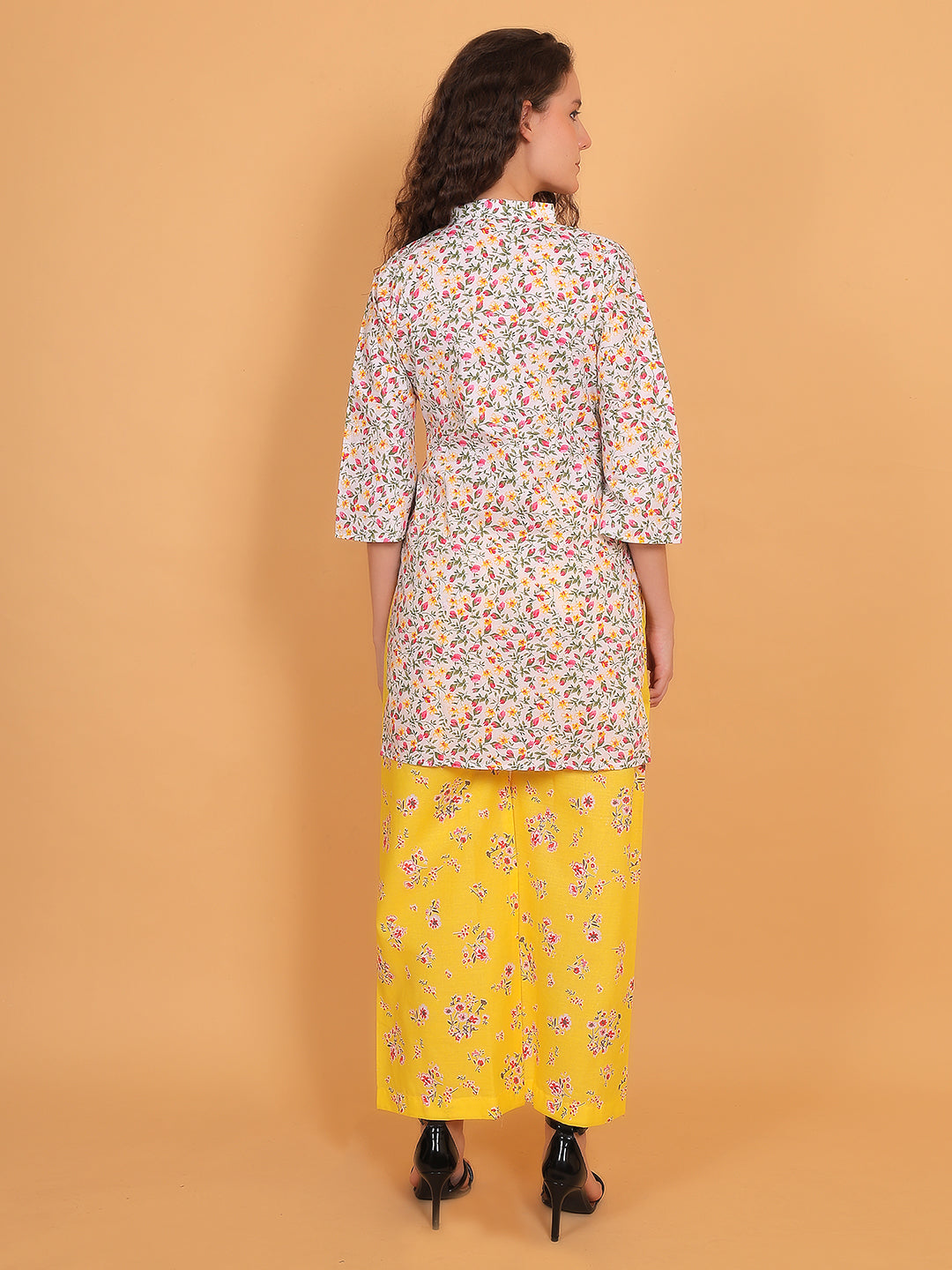 Women Multi Floral Printed Cotton Kurta with Yellow Printed Palazzo & Side Pocket