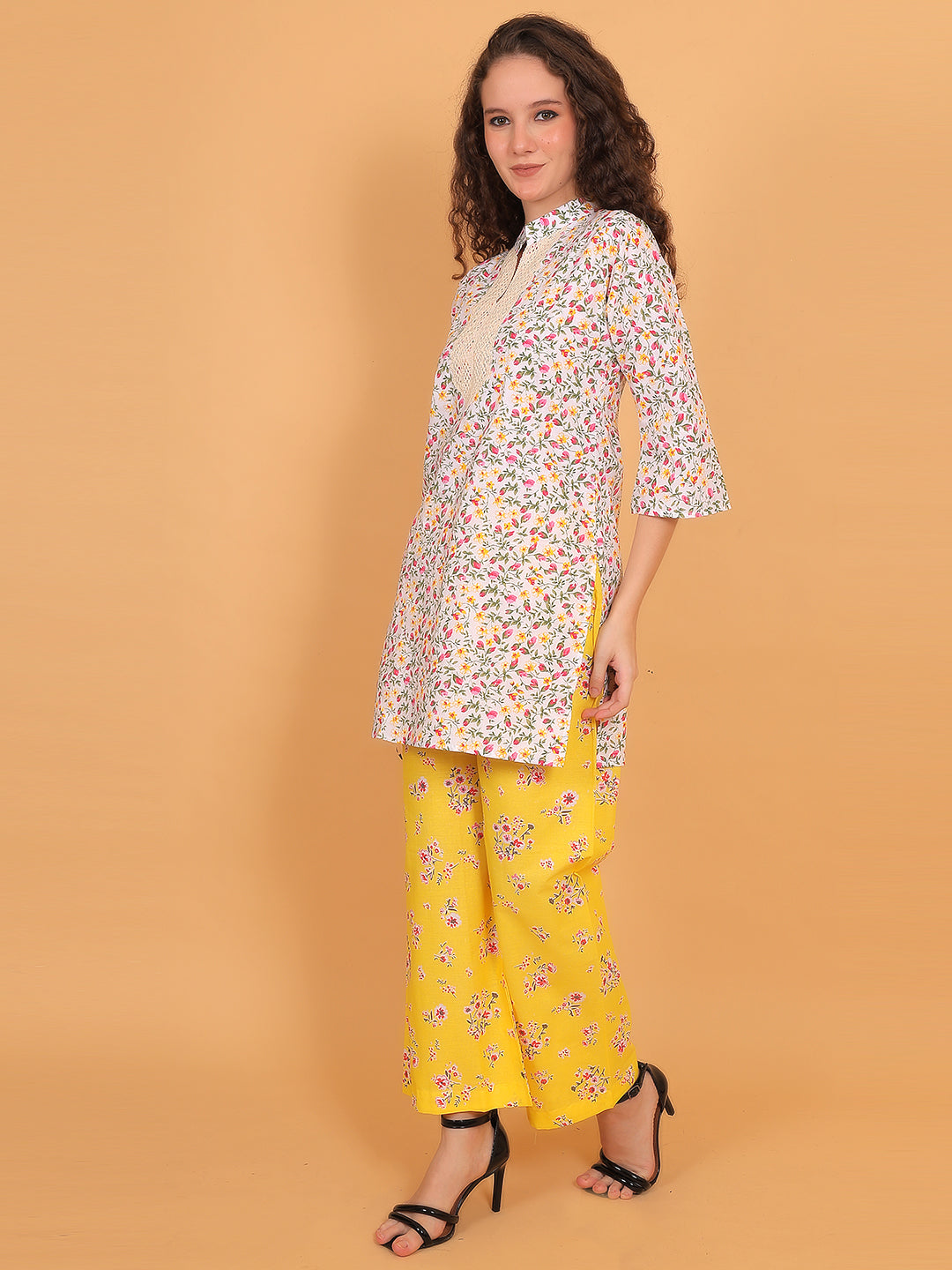 Women Multi Floral Printed Cotton Kurta with Yellow Printed Palazzo & Side Pocket