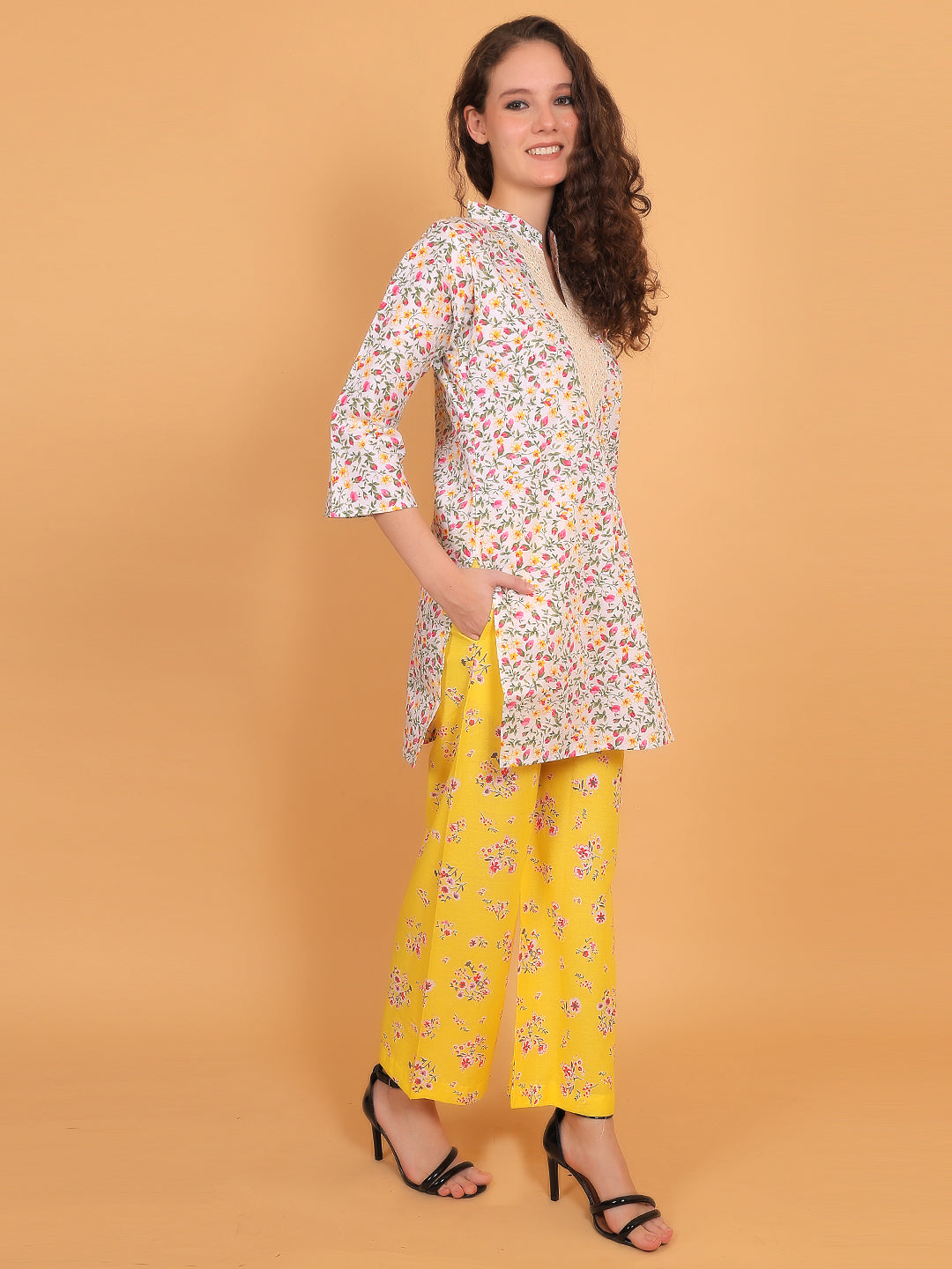 Women Multi Floral Printed Cotton Kurta with Yellow Printed Palazzo & Side Pocket