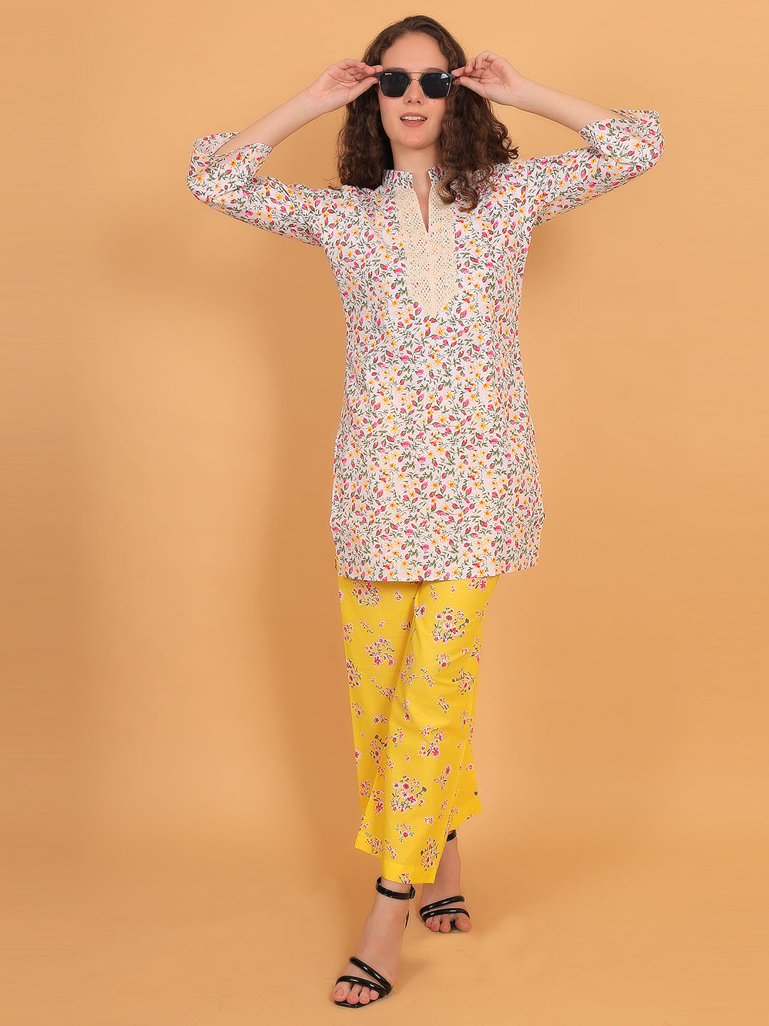 Women Multi Floral Printed Cotton Kurta with Yellow Printed Palazzo & Side Pocket