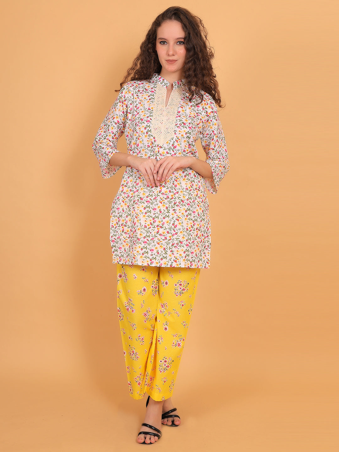 Women Multi Floral Printed Cotton Kurta with Yellow Printed Palazzo & Side Pocket