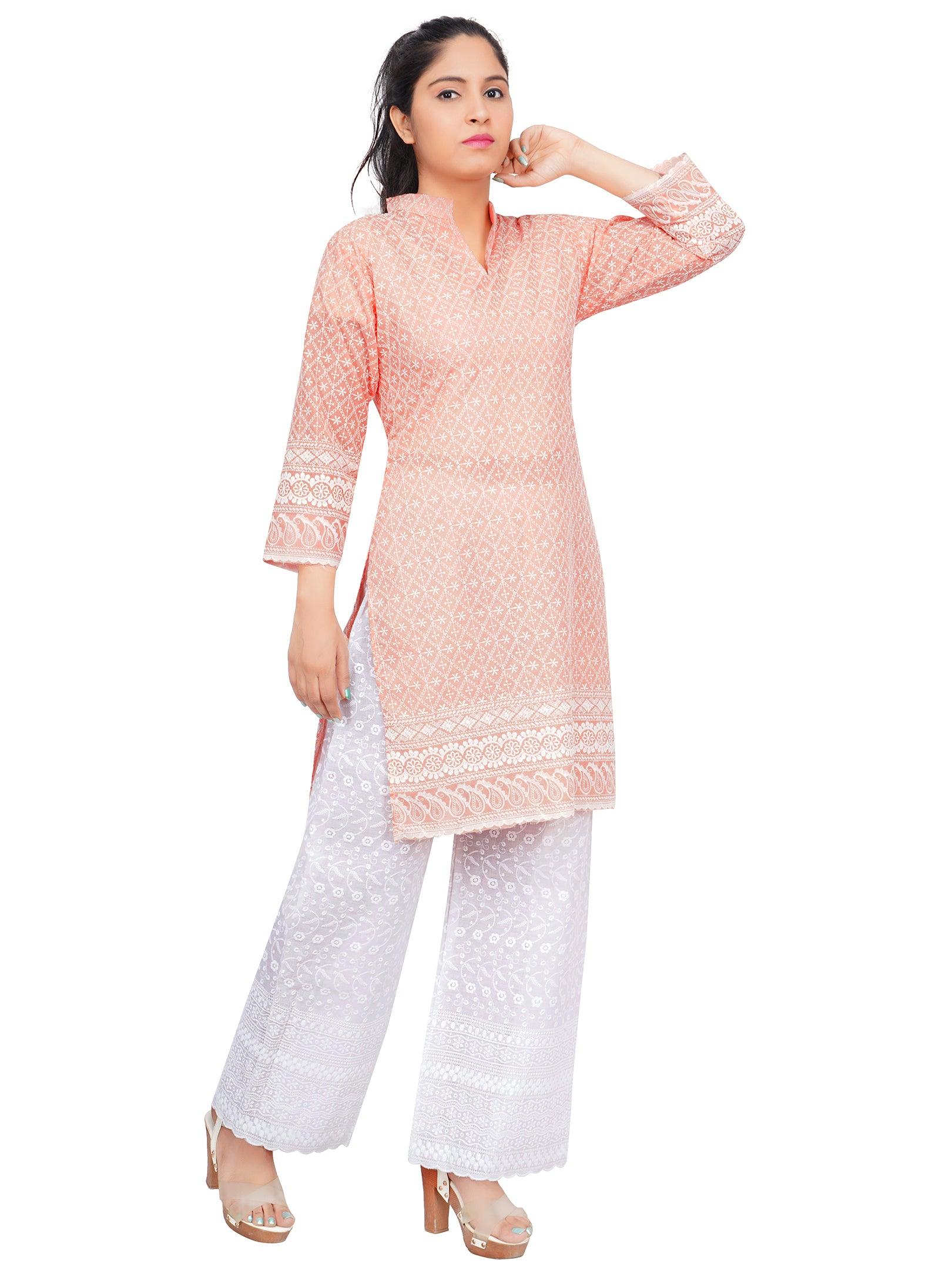 Women Peach Kurta and Palazzo Set Pure Cotton