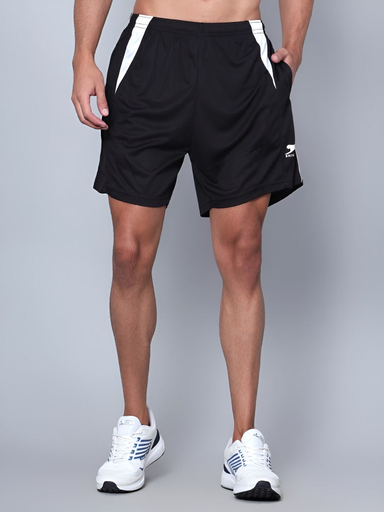 Shiv Naresh Men's Black Sports Shorts with White Side Panels | Lightweight Athletic Performance Wear