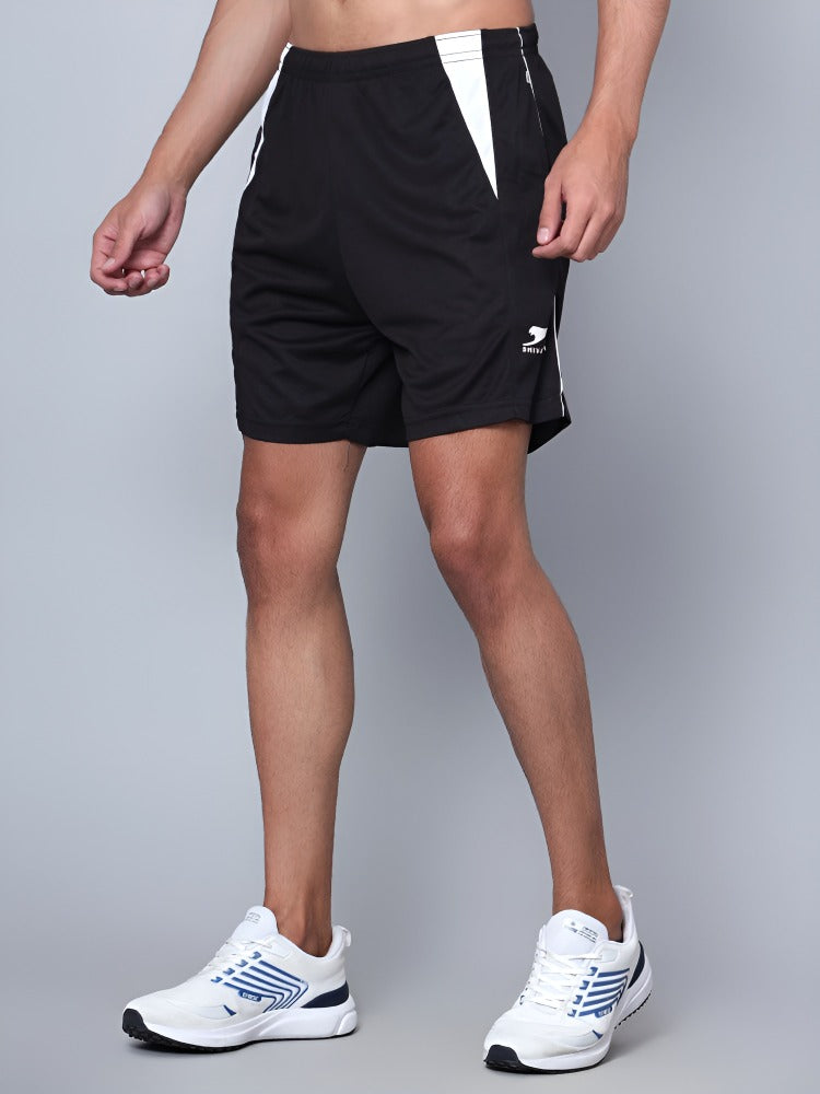 Shiv Naresh Men's Black Sports Shorts with White Side Panels | Lightweight Athletic Performance Wear