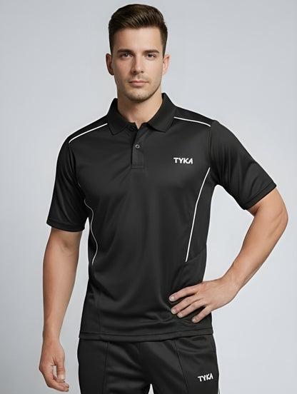 TYKA Prima Men Black Sports Polo T-Shirt | Quick Dry Activewear with Contrast Piping