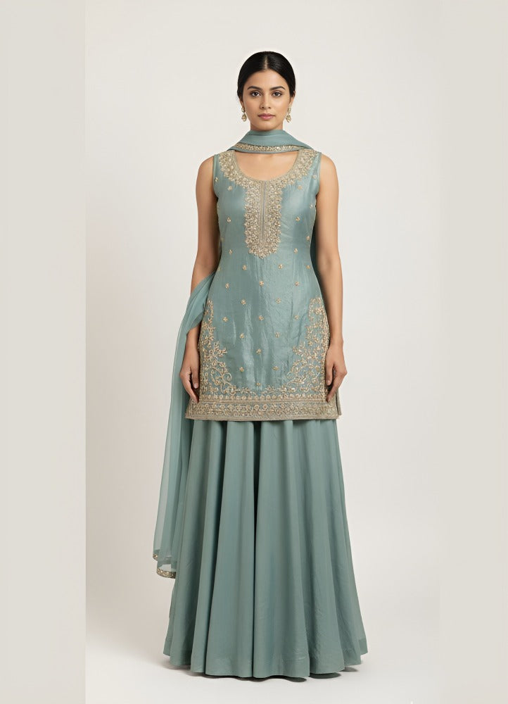 Elegant Mint Green Art Silk Blend Lehenga Set with Intricate Handwork