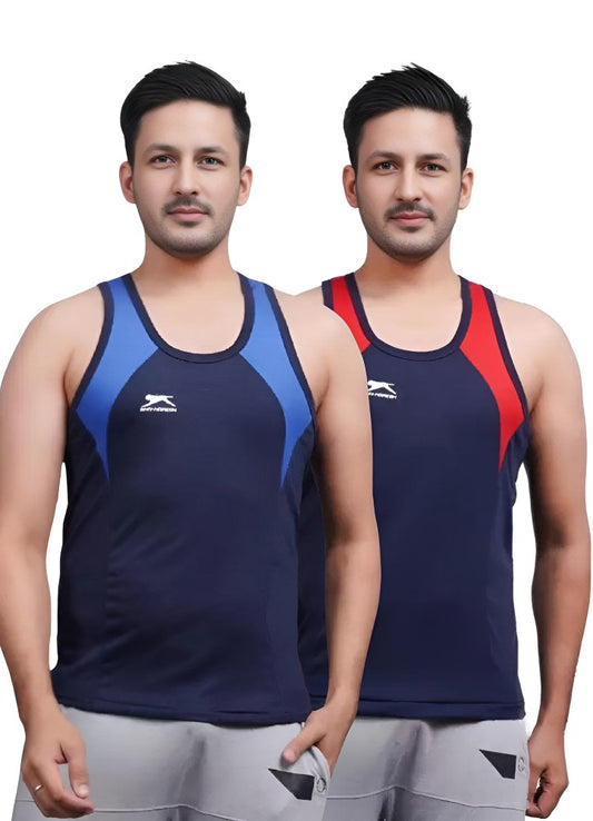 SHIV-NARESH Solid Men Cotton Blue And Red Blend Vest (Pack Of 2)