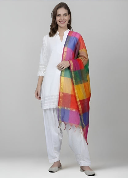 Multicolored Chanderi Cotton Silk Checked Dupatta with Golden Zari Border